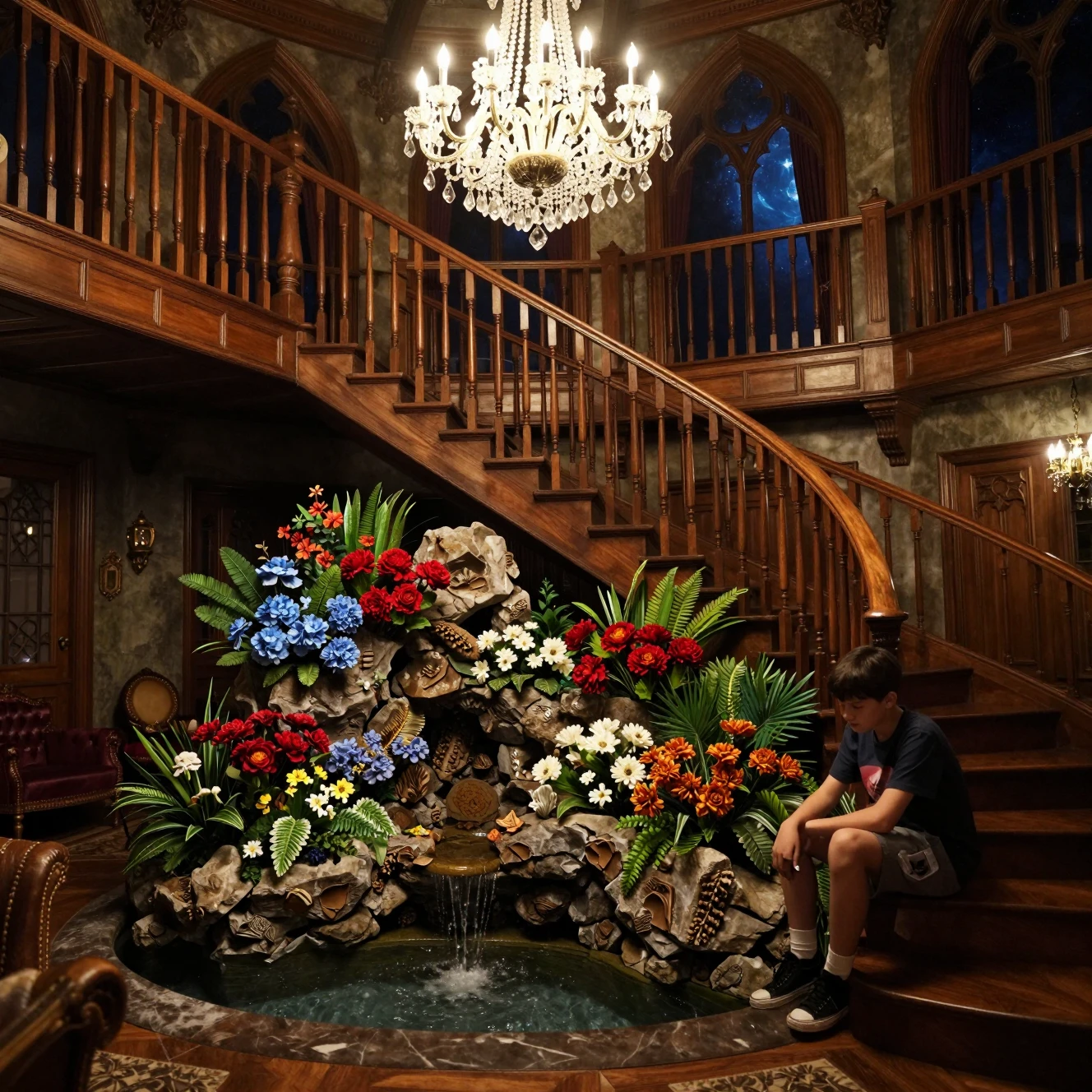 Thoughtful boy by staircase in a grand mansion lounge