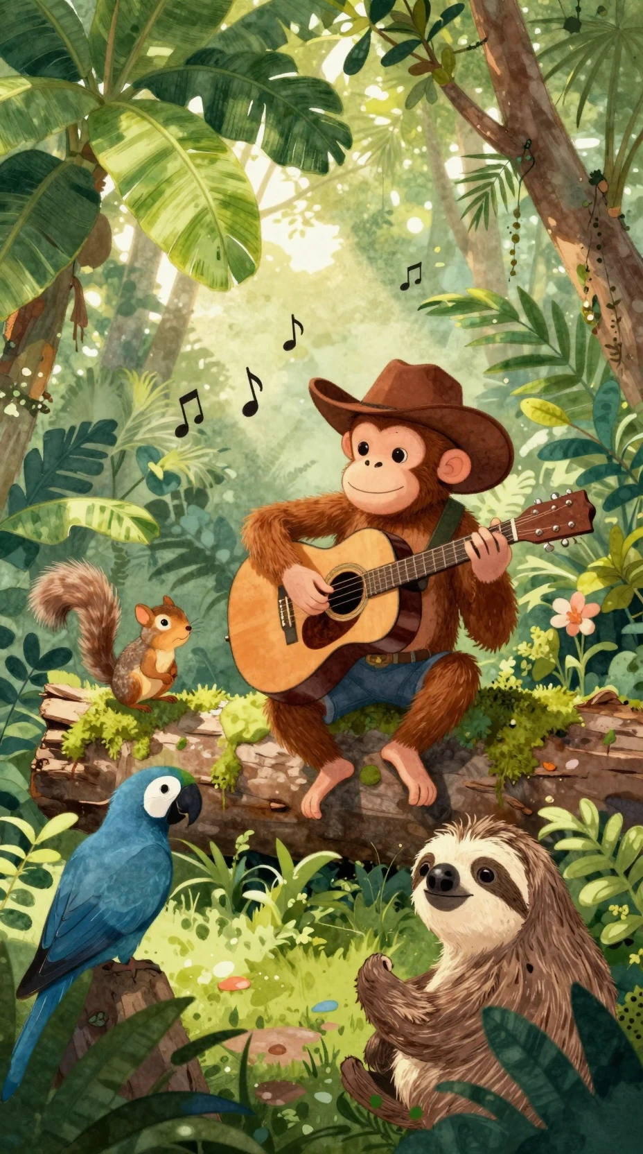 Macaco musical tocando violão em uma clareira de selva tropical