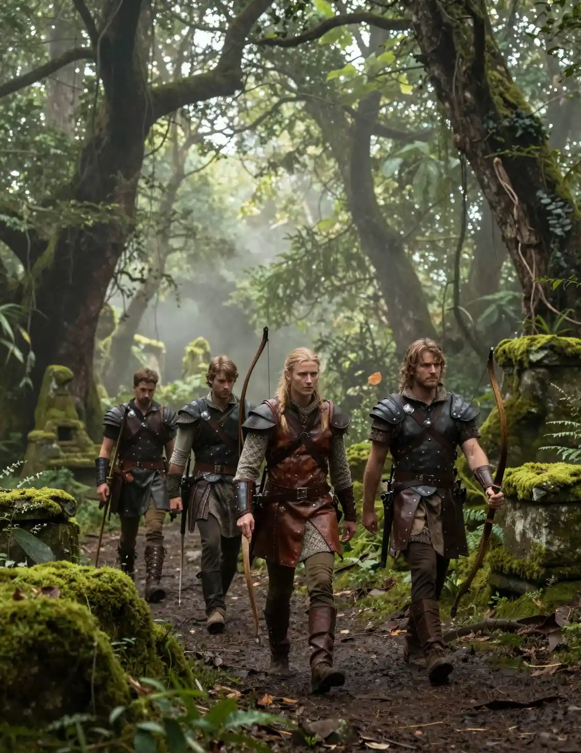Aventuriers marchant à travers les ruines d’une forêt brumeuse baignée de soleil