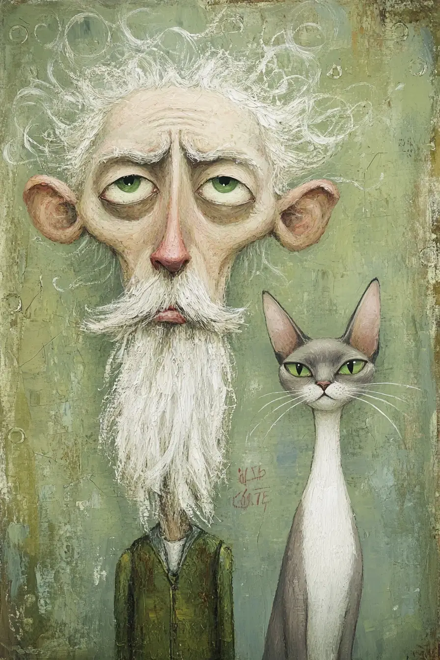 Arte folclórico y divertido: anciano con gato sobre fondo verde