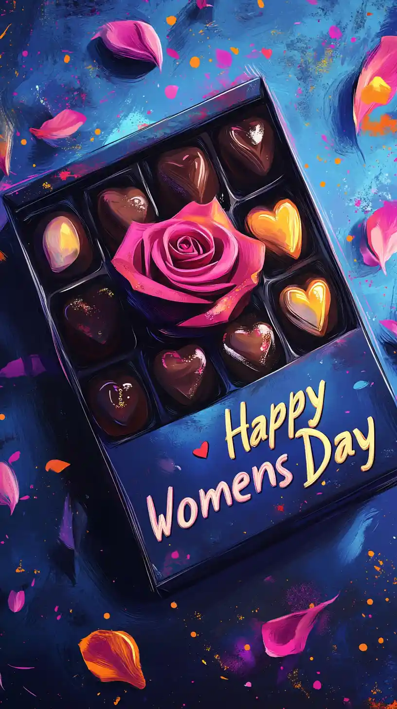 Box of chocolates with red rose on colorful abstract background