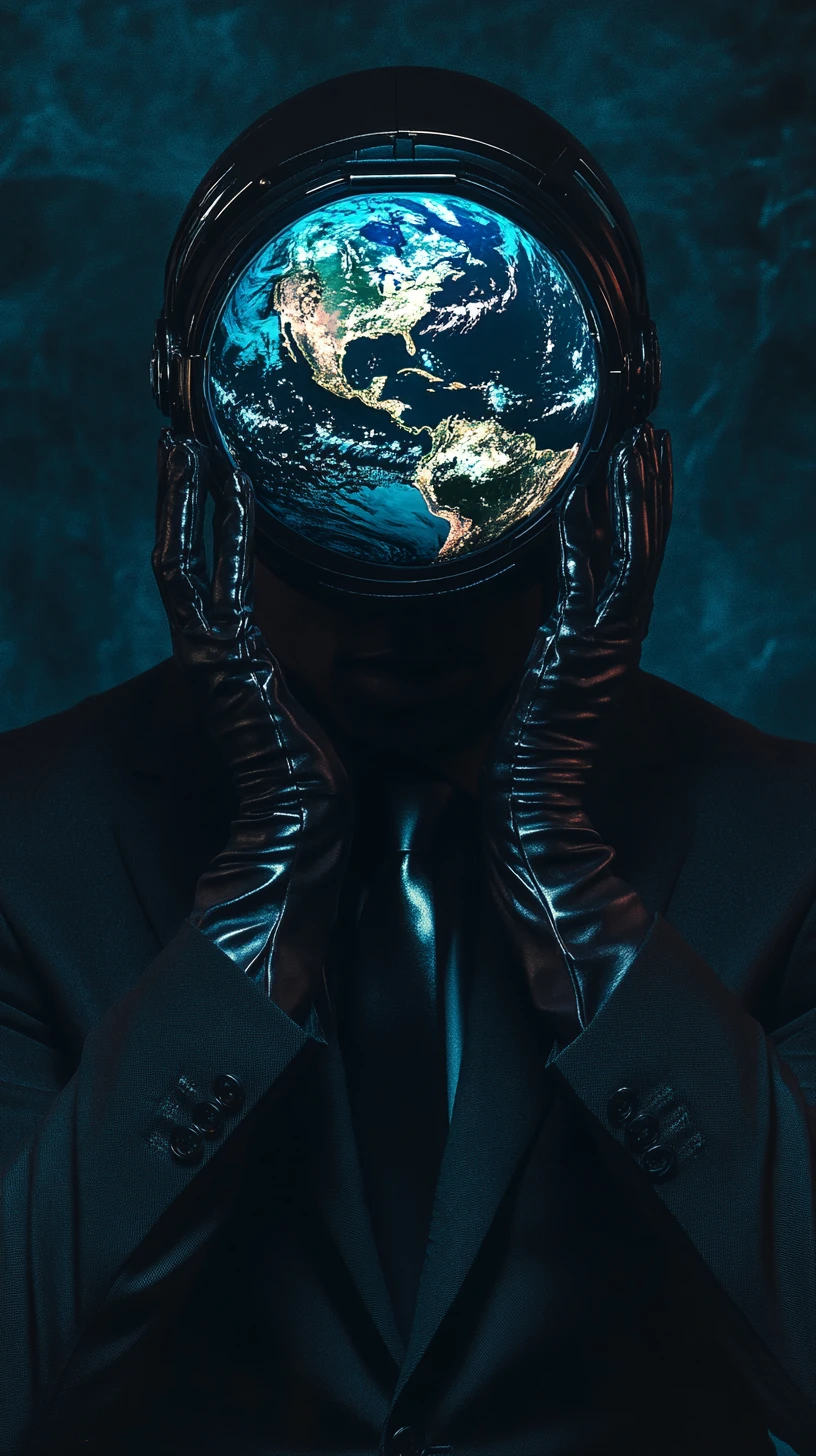 Homem afrofuturista de terno com capacete de Terra brilhante