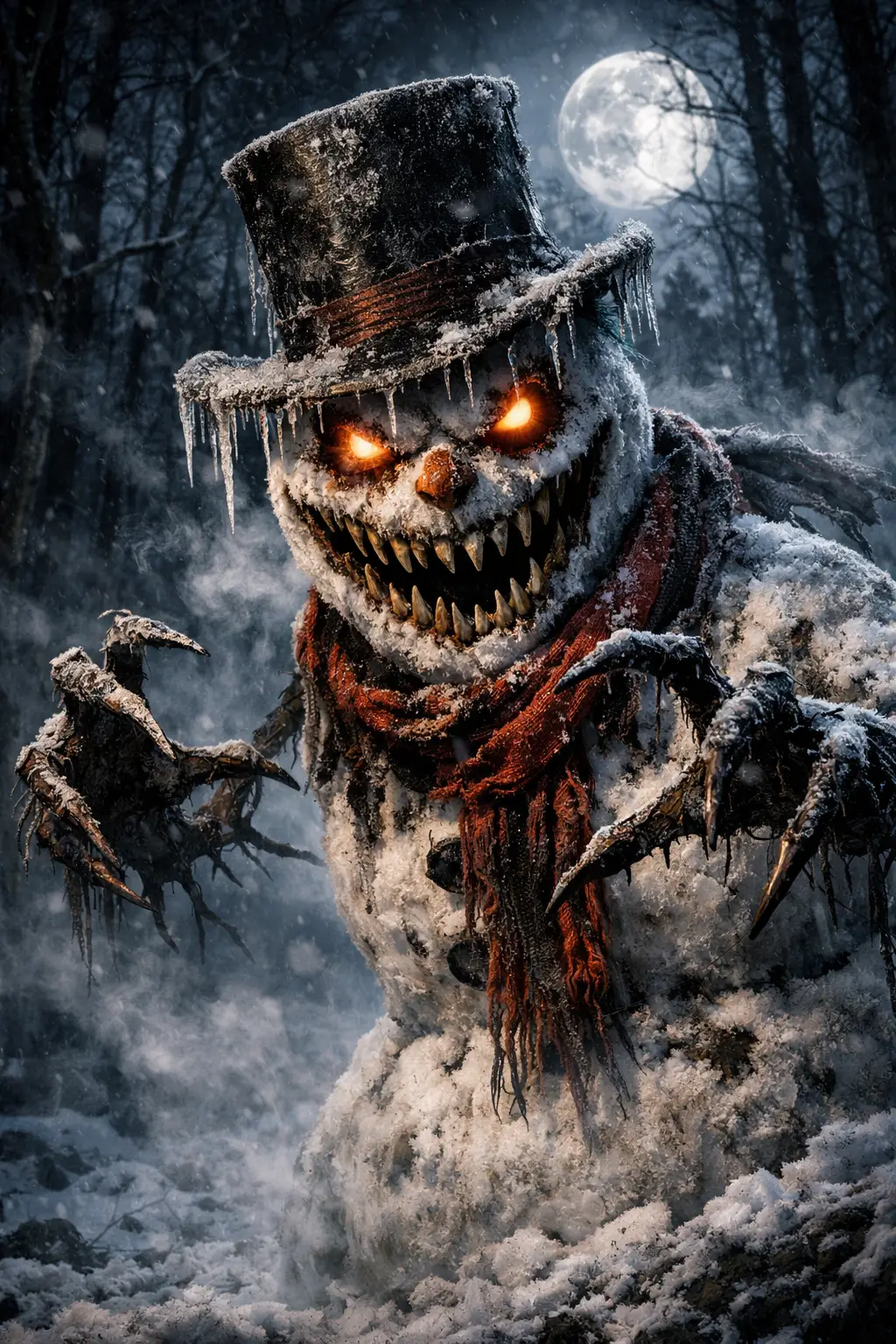 Evil snowman lurking in a moonlit snowy forest