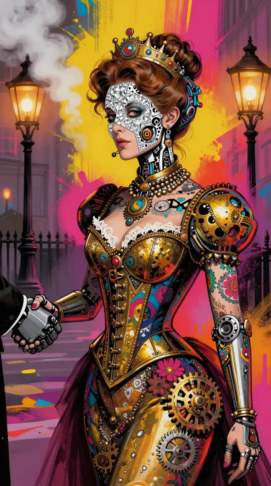 Signora cyborg vittoriana che saluta un robot in una fumosa strada di Londra