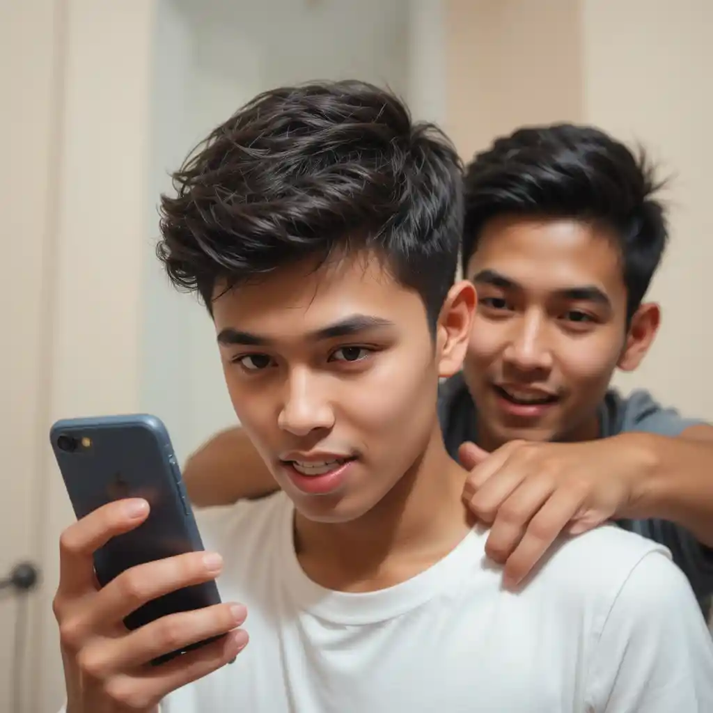 Boy focused on phone as friend pulls a funny face