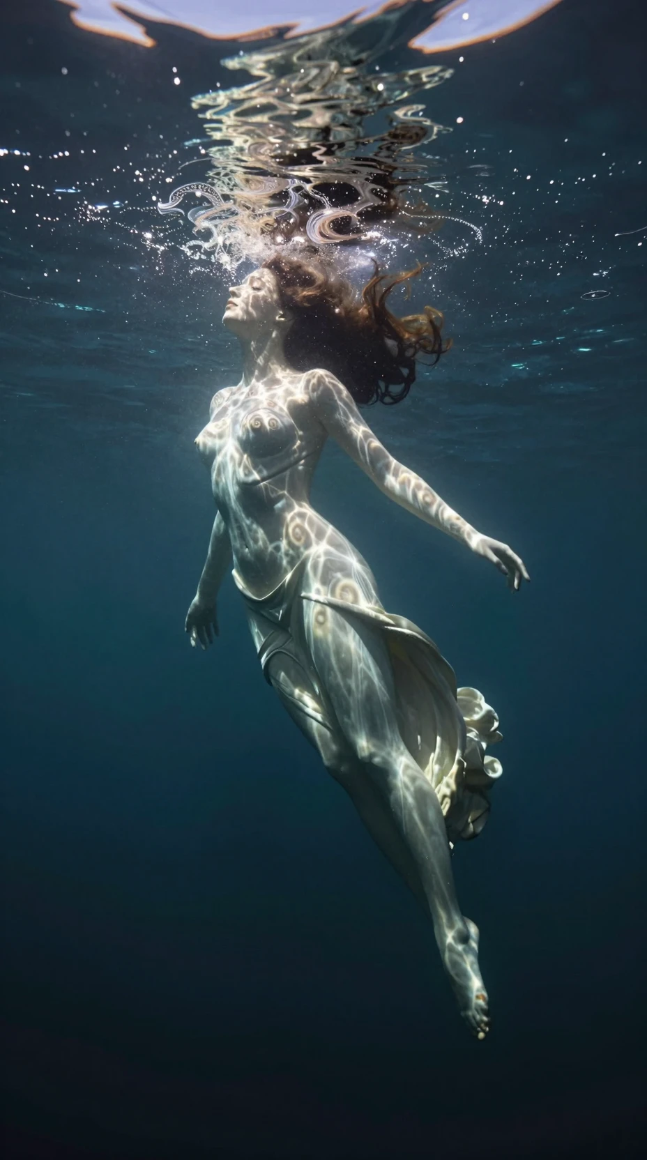 穏やかな海中景観を滑るように進む幻想的な女性