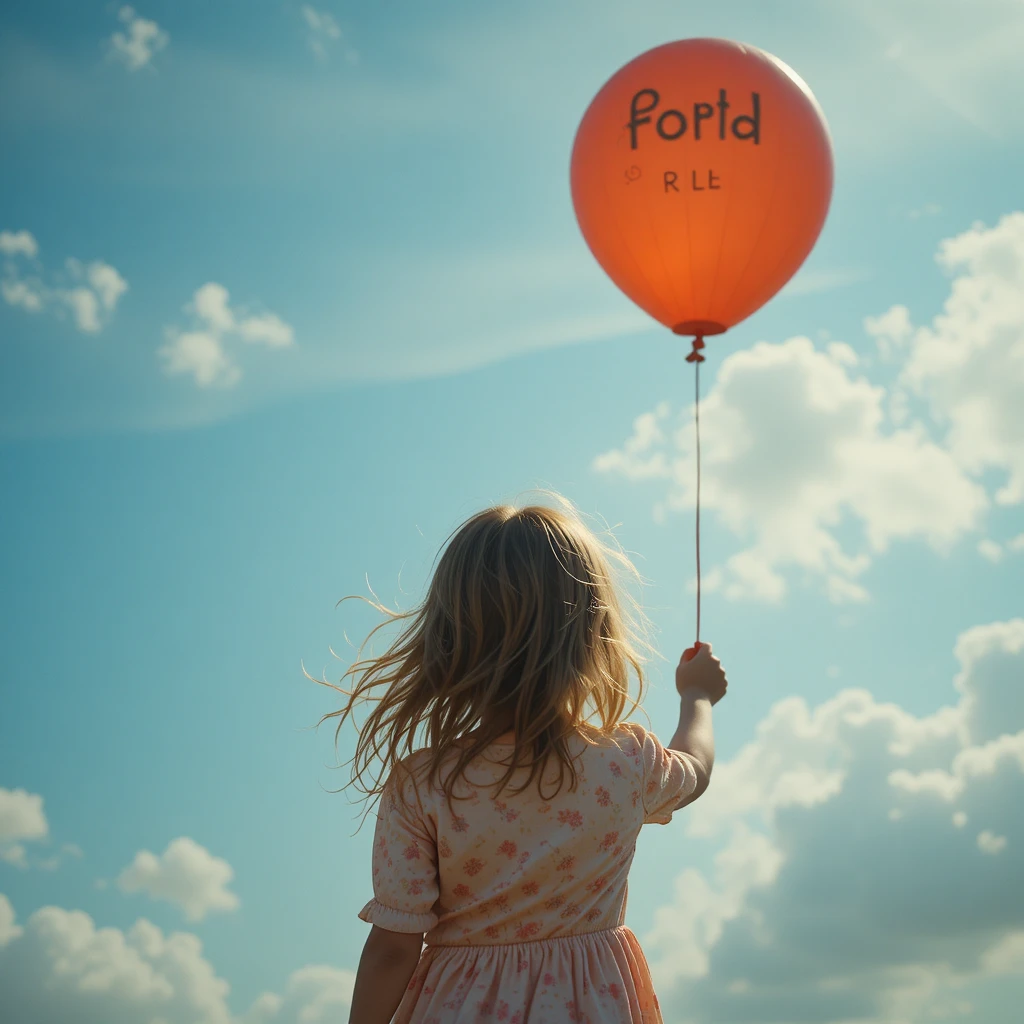 Young girl holding a balloon under blue summer sky