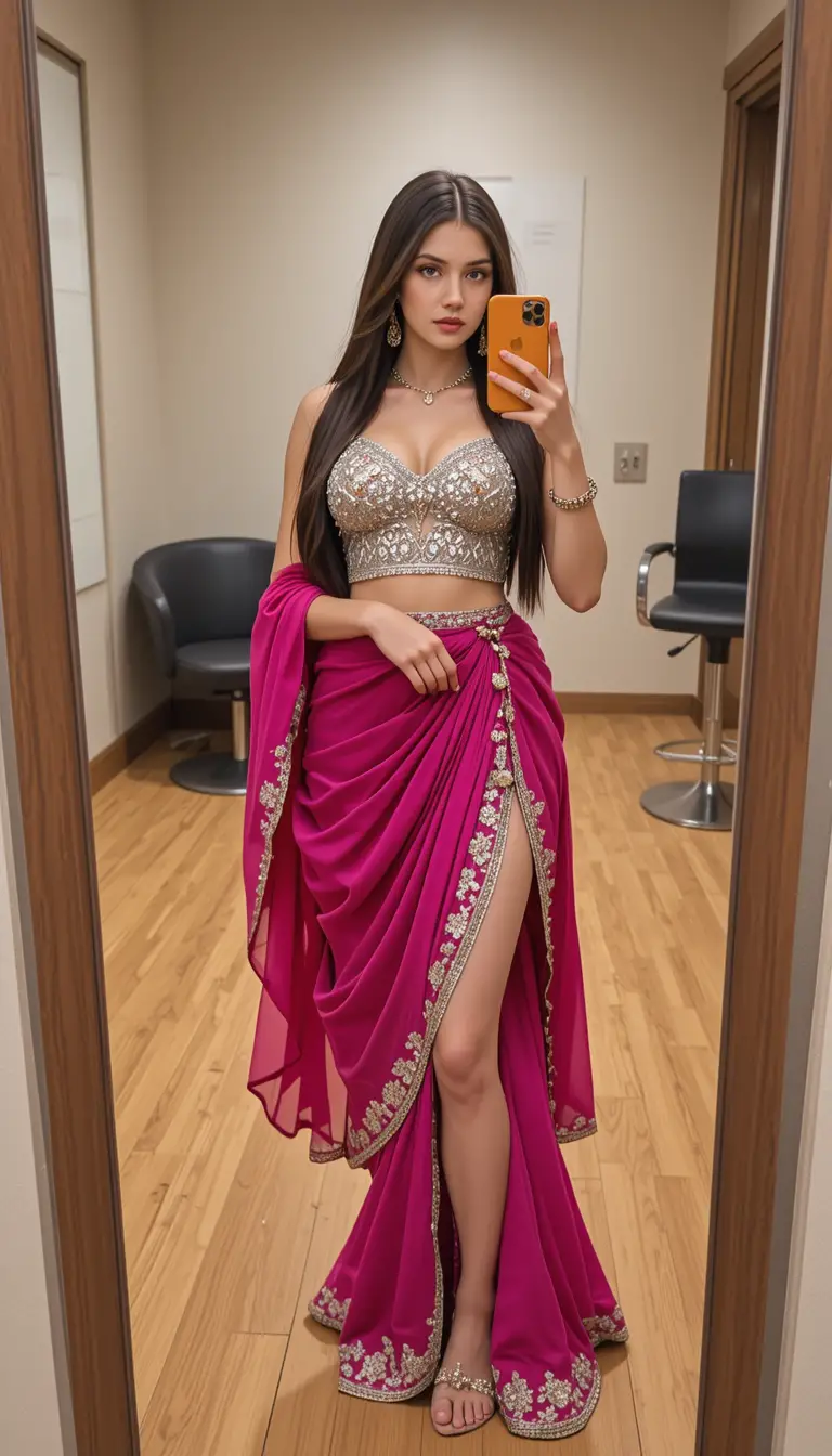 South Asian woman mirror selfie in magenta indo western outfit
