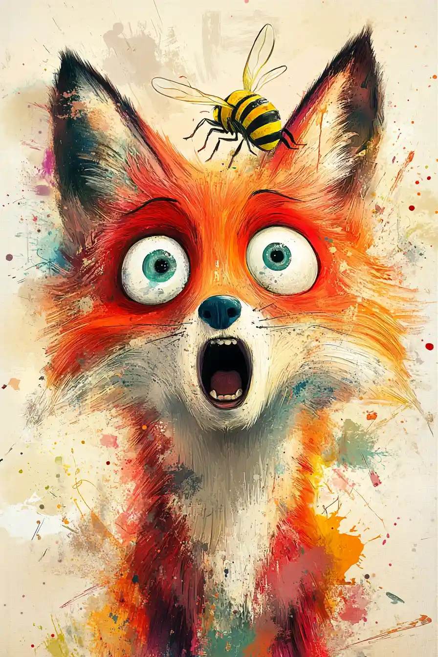 Startled fox with buzzing bee in whimsical digital painting