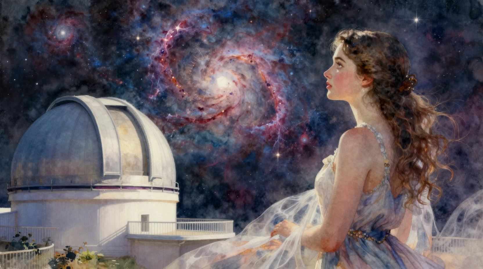 Aquarellmädchen, das in einem himmlischen Observatorium auf eine Nebelwolke blickt