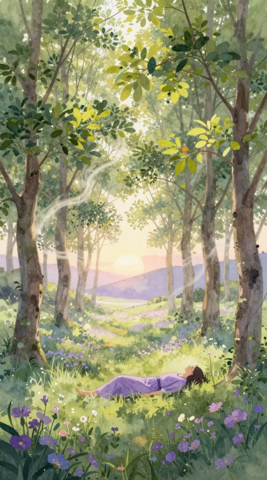 Woman resting in wildflowers at sunrise in spring forest