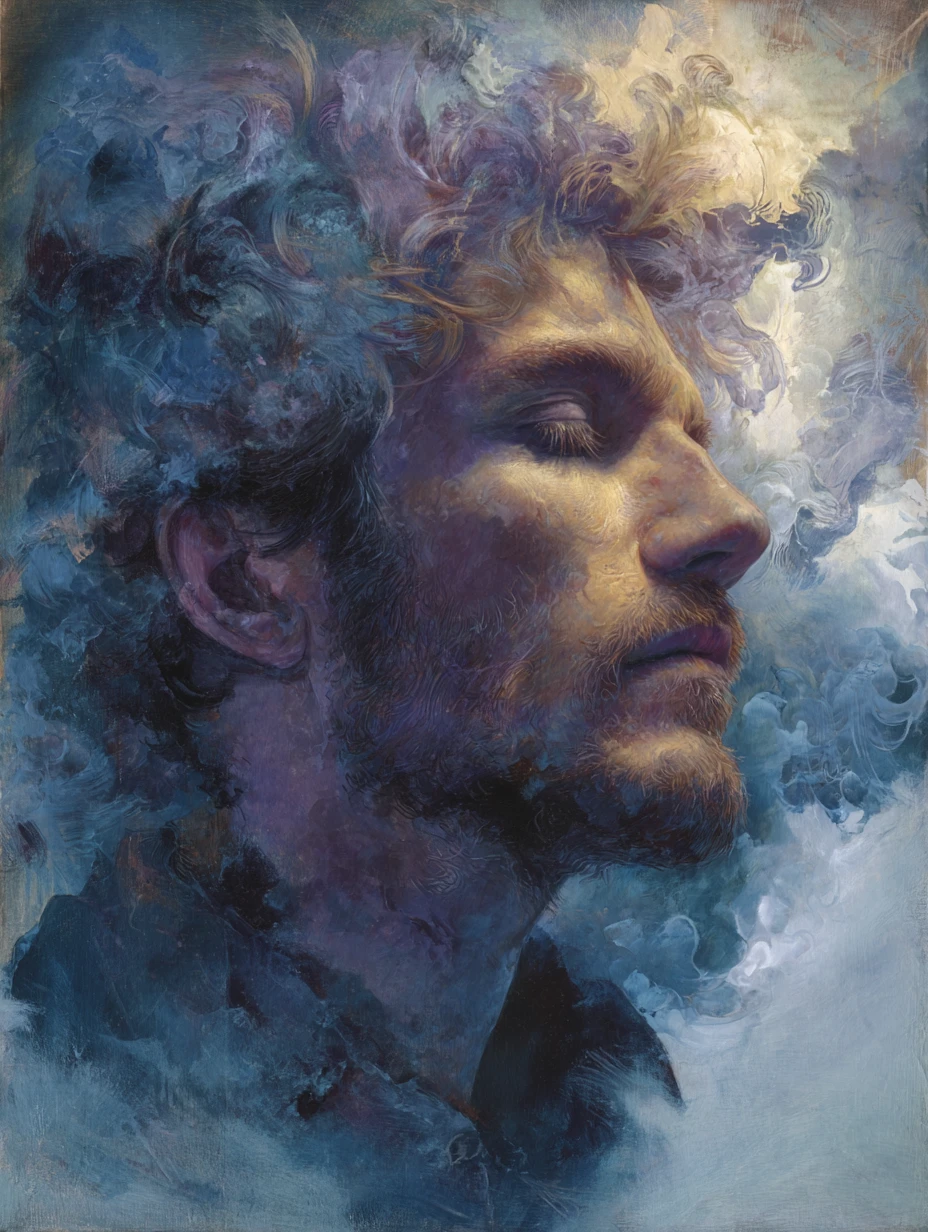Dreamlike portrait blending reality and abstract emotion