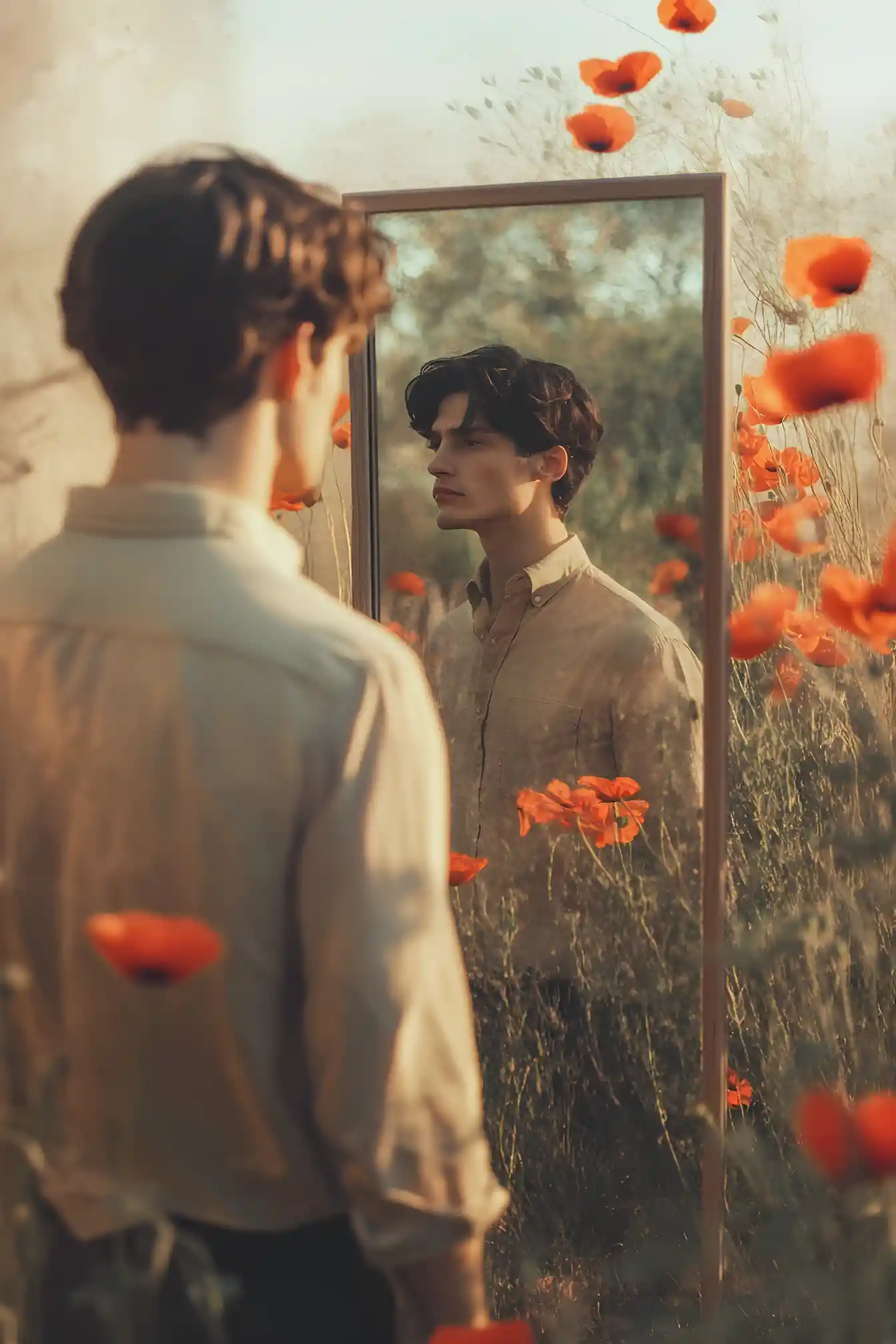 Handsome man gazing at his reflection in a large mirror