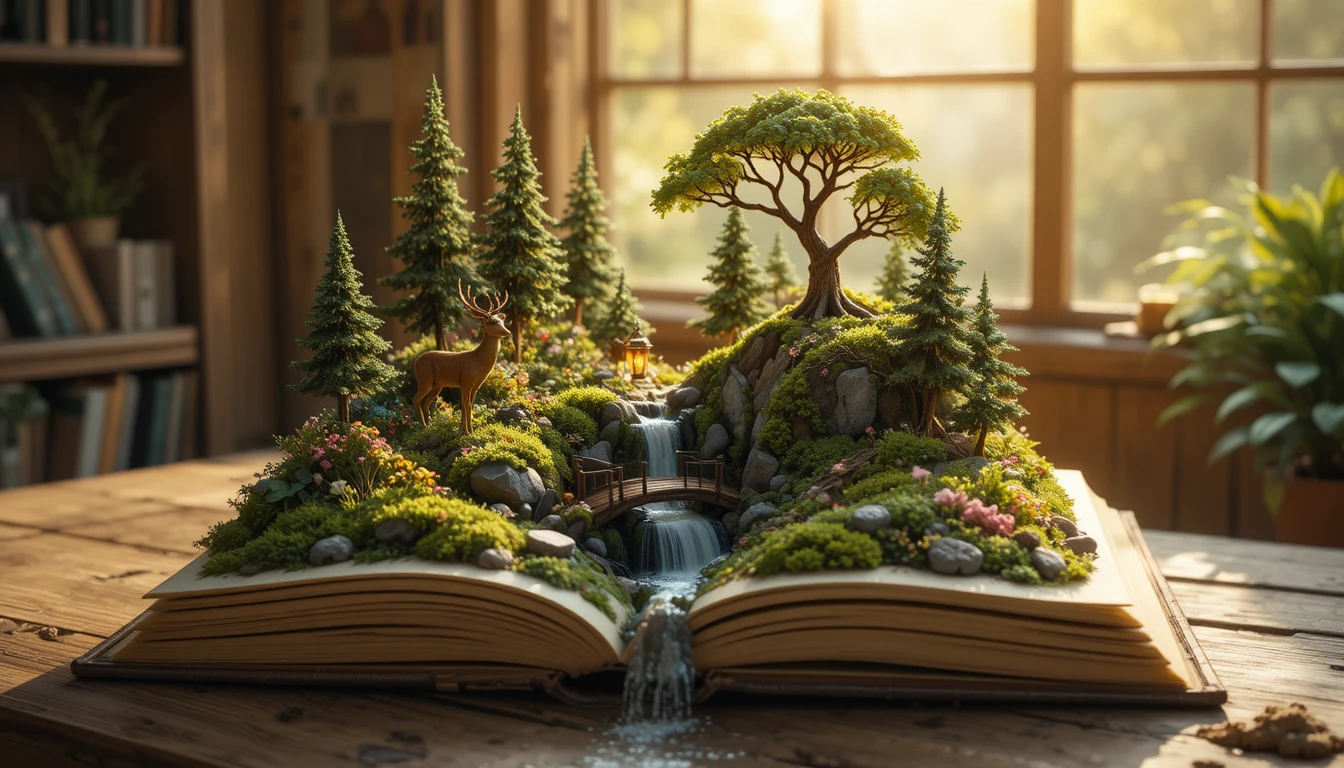 Libro aperto che si trasforma in una piccola foresta sul tavolo