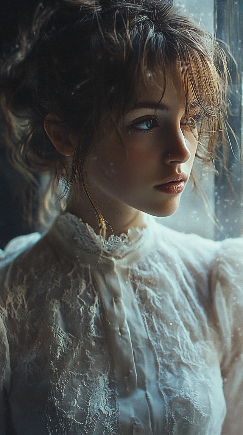 Young woman in moonlit window light with drifting dust