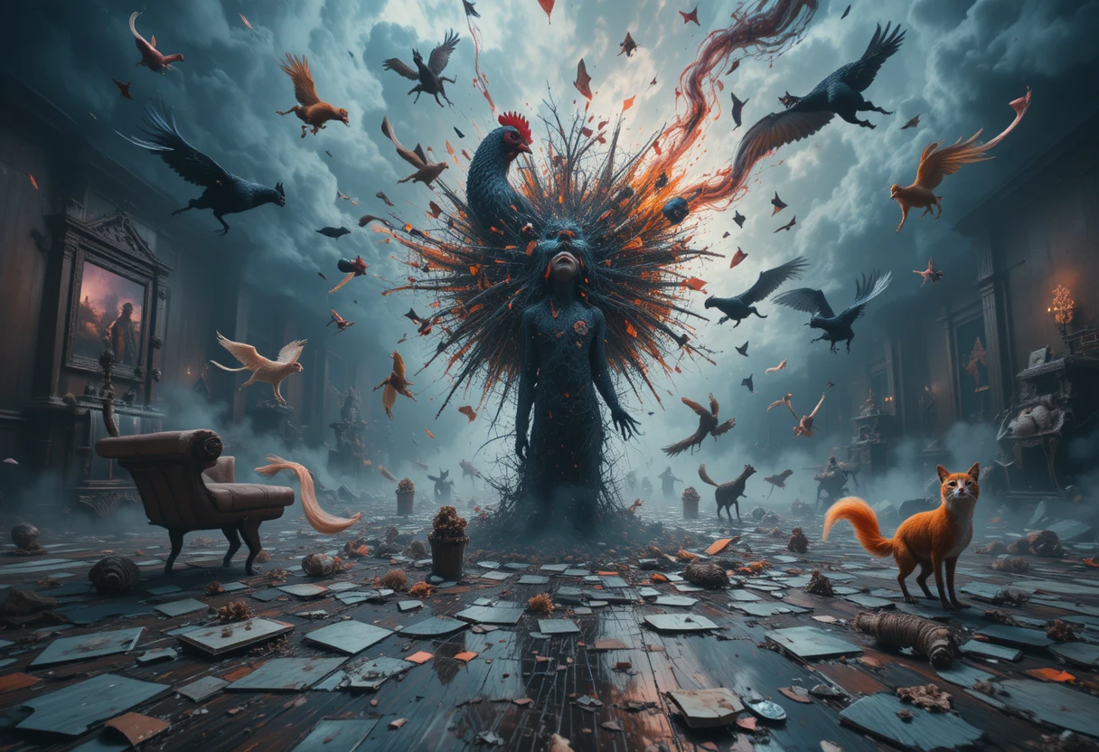 Surreal figure dissolving into a chaotic vortex interior