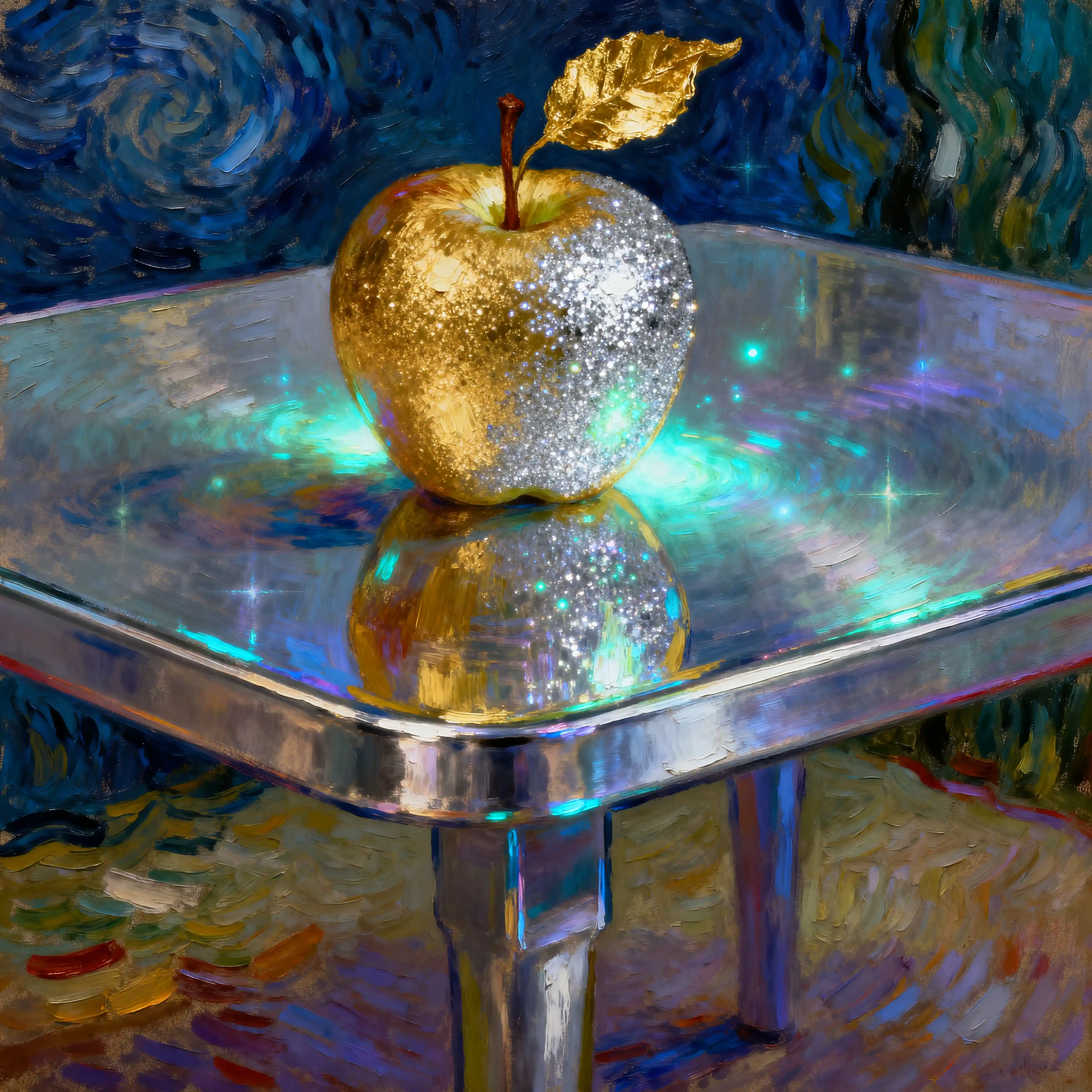 Golden apple with silver glitter on reflective metal table