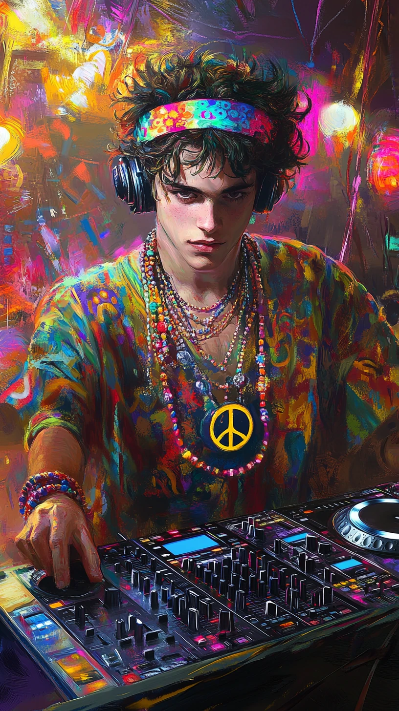 Hippie-DJ mit Peace-Schmuck am Party-Pult