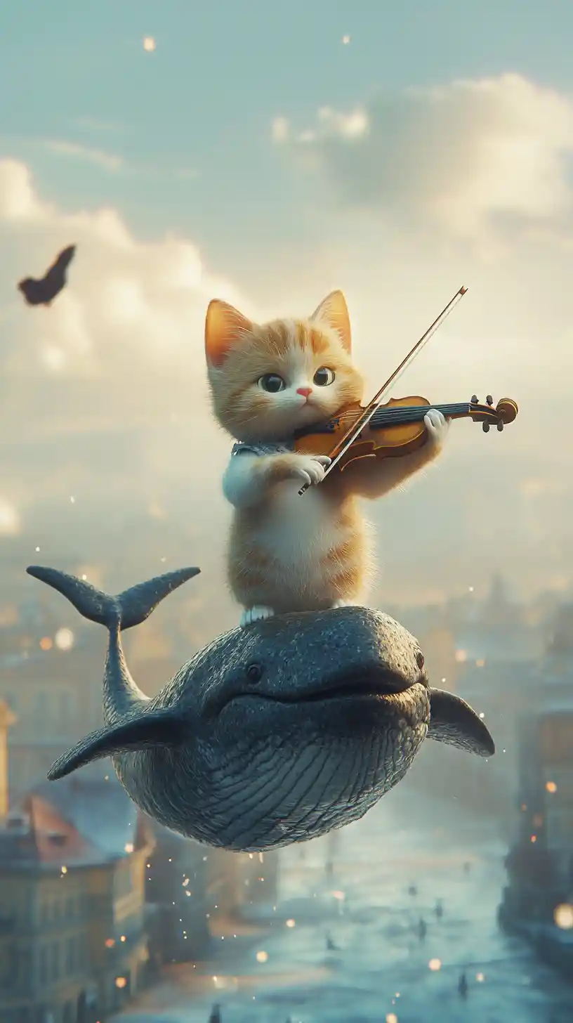 Gato de desenho animado tocando violino em uma baleia sobre a cidade
