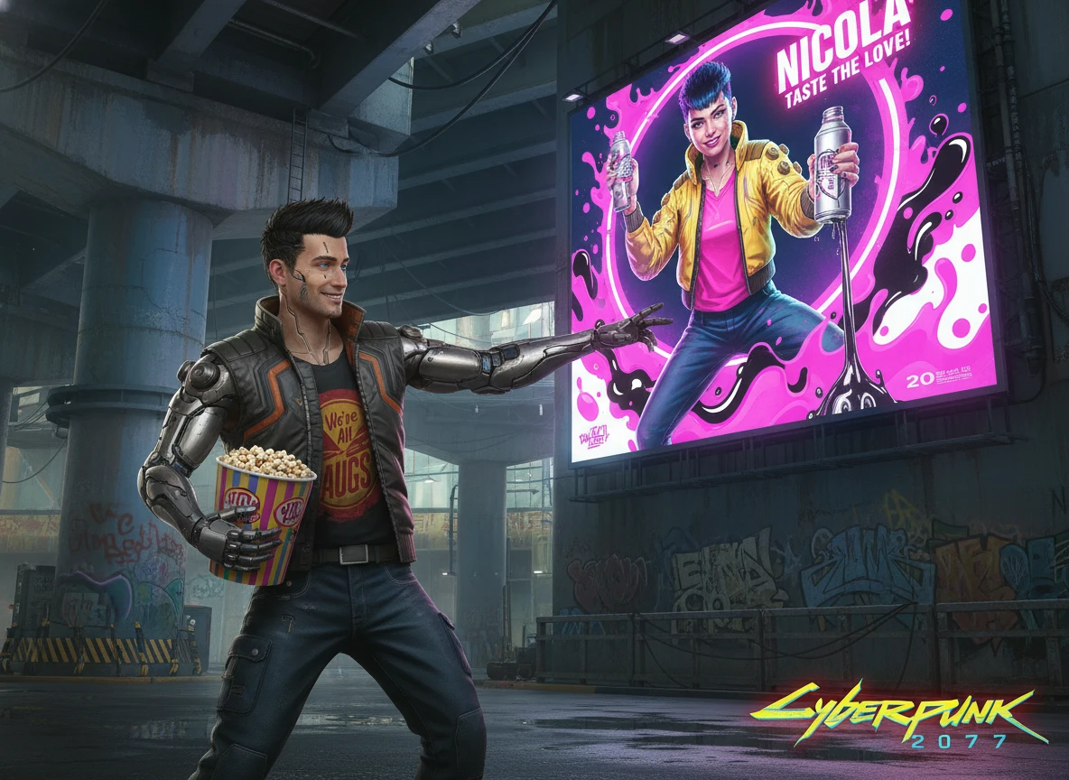 Homem cyberpunk posando ao lado de outdoor de bebida em neon