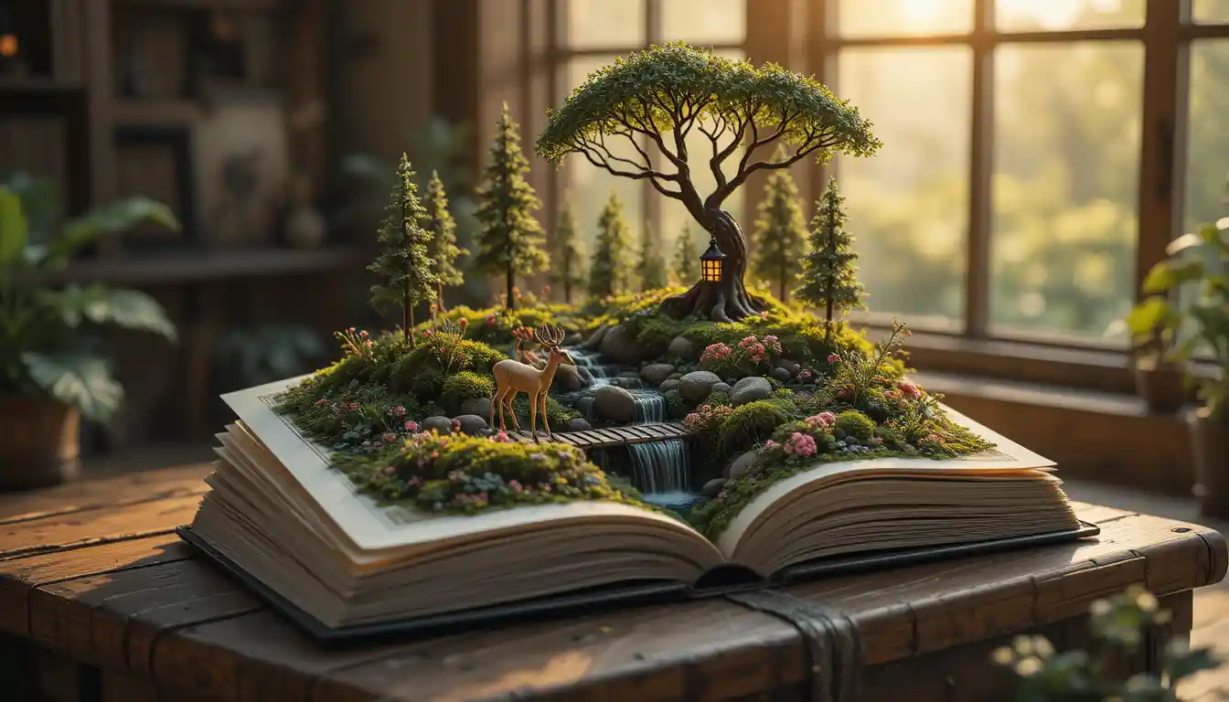 Livre ouvert faisant pousser une minuscule forêt sur une table en bois