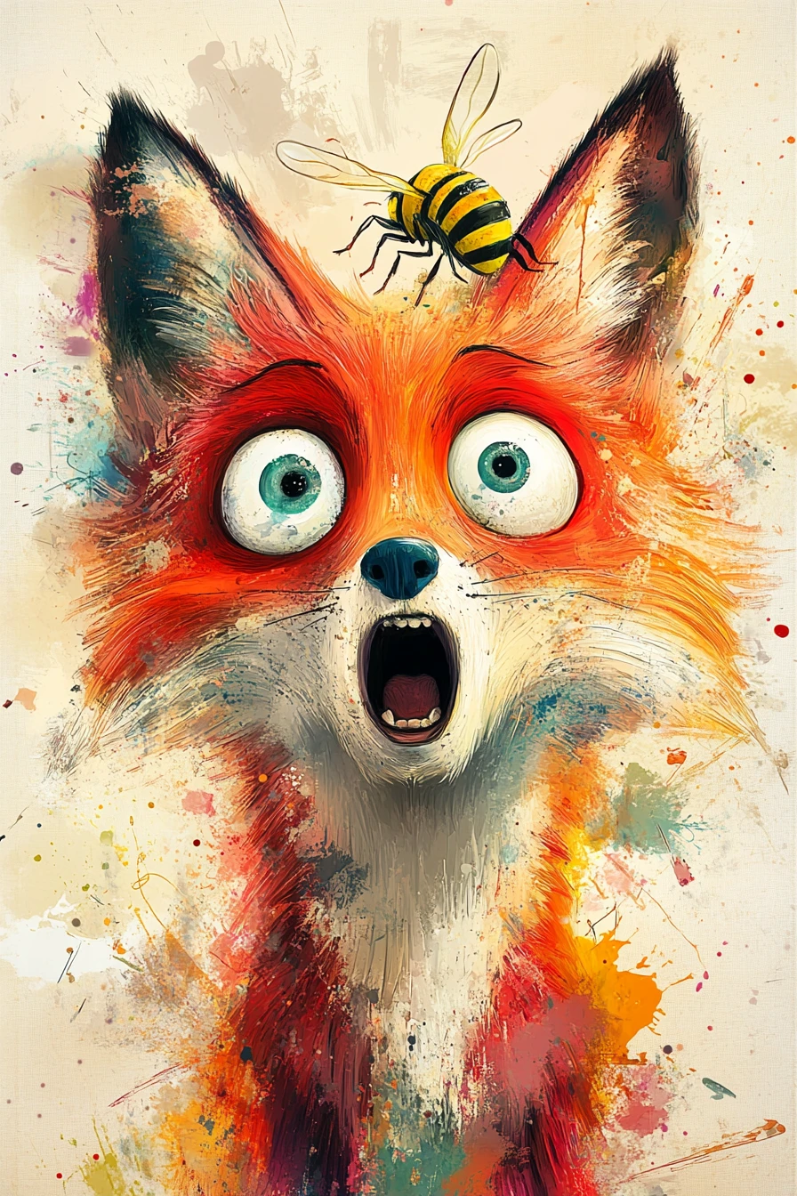Raposa assustada com abelha zumbindo em pintura digital lúdica