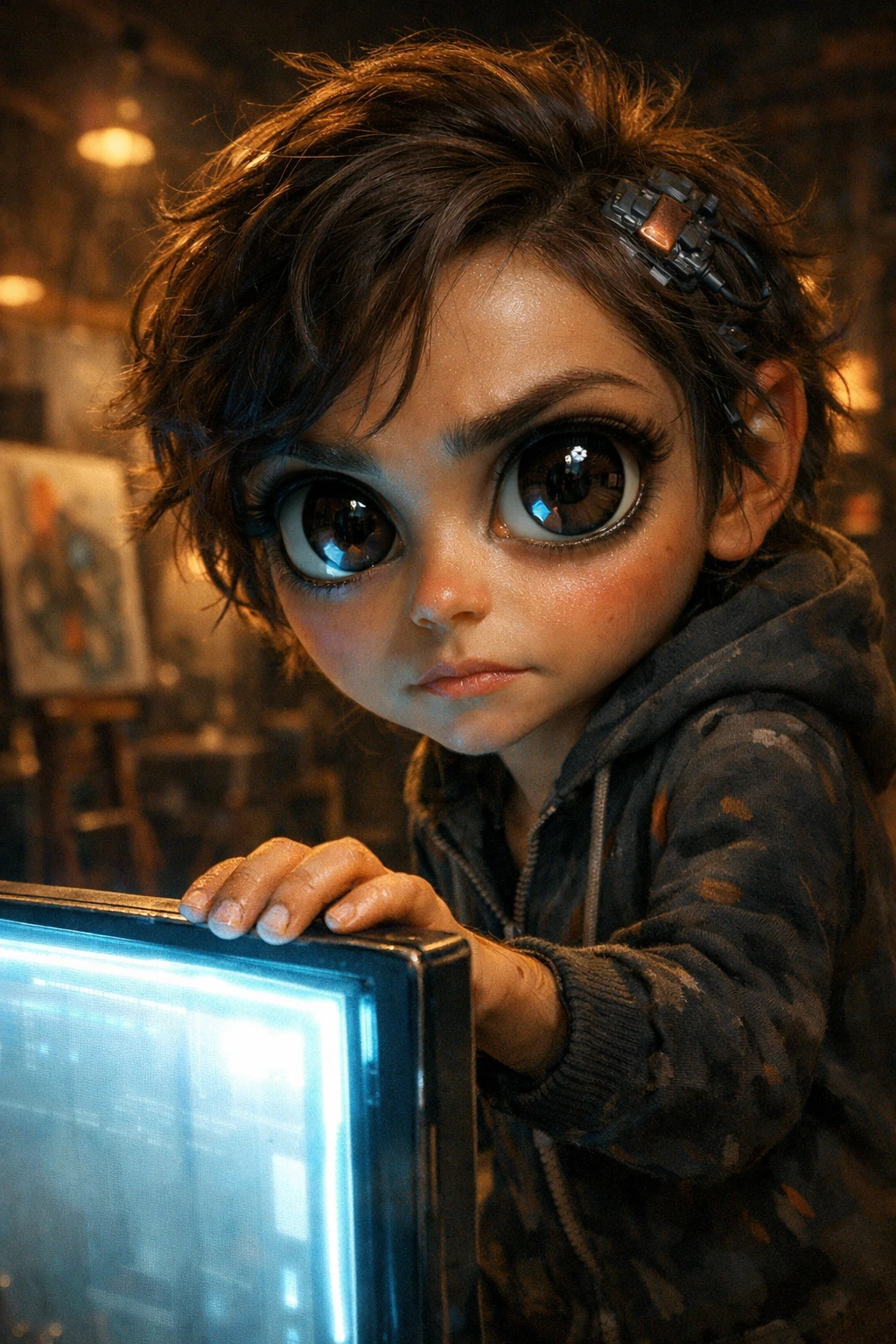 Portrait en gros plan d’un artiste IA devant un écran lumineux
