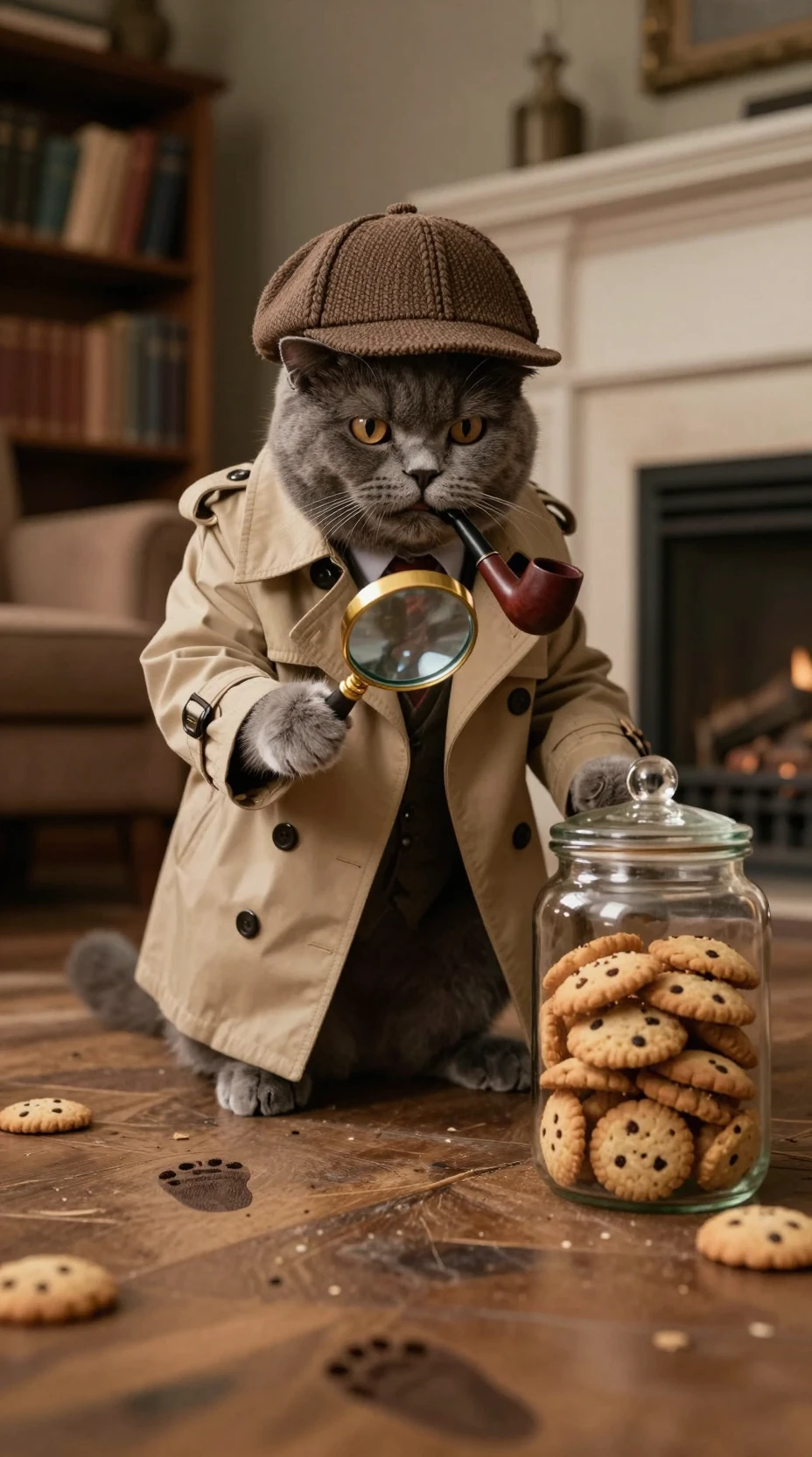 Gato detetive examinando um pote de biscoitos em sala de estar aconchegante