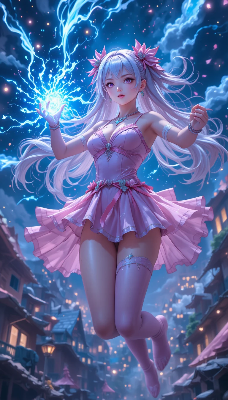 Fille magique d’anime déclenchant une ultime attaque d’énergie bleue