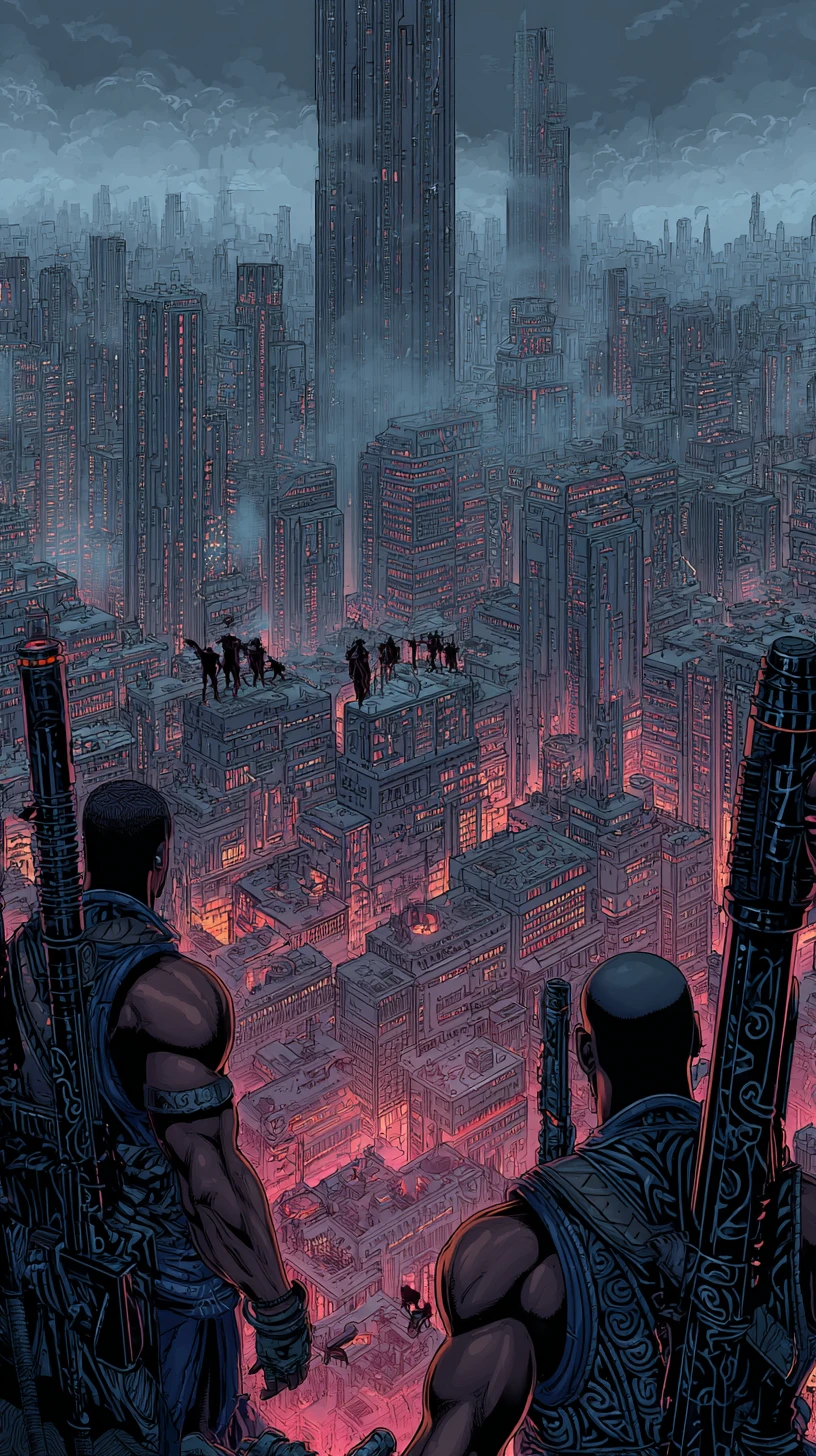 Assassins afrofuturistes sur un gratte-ciel en ruine au crépuscule
