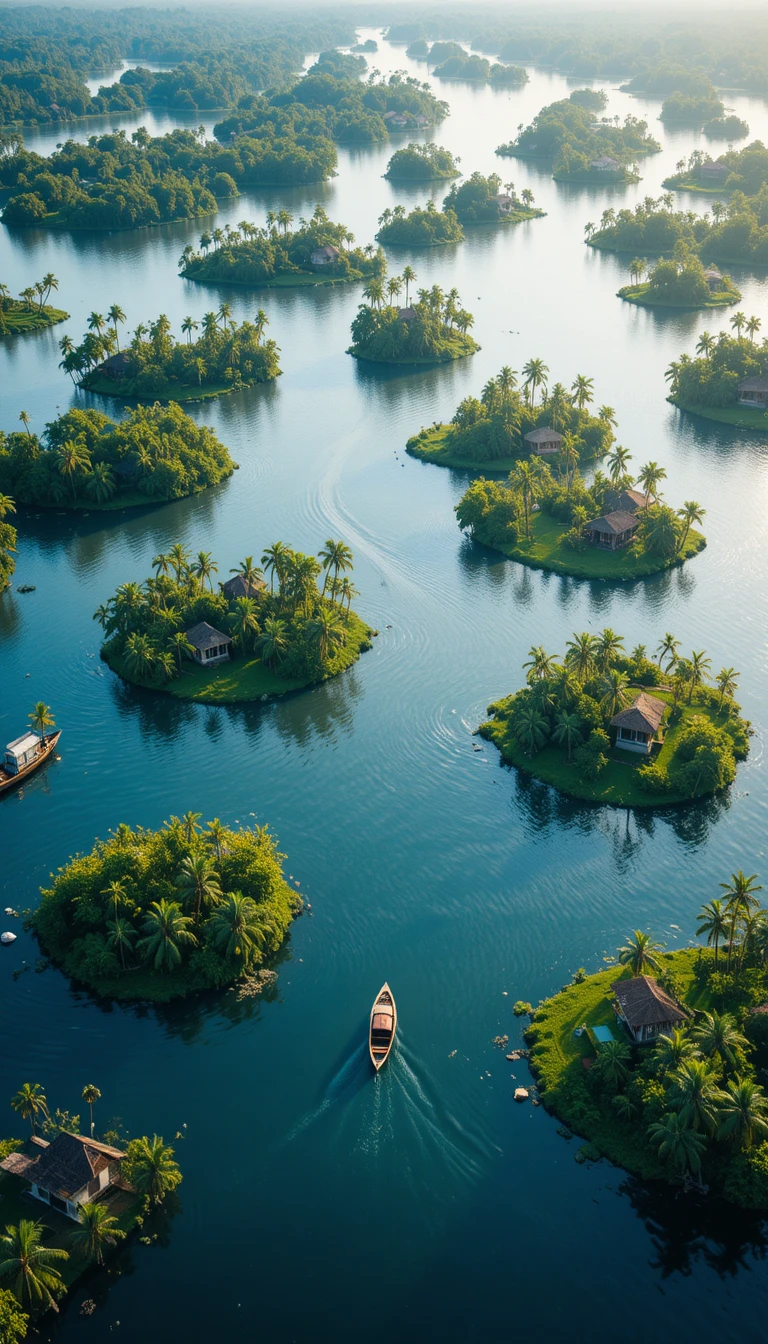Vista de drone sobre os remansos de Kerala e pequenas ilhas tropicais