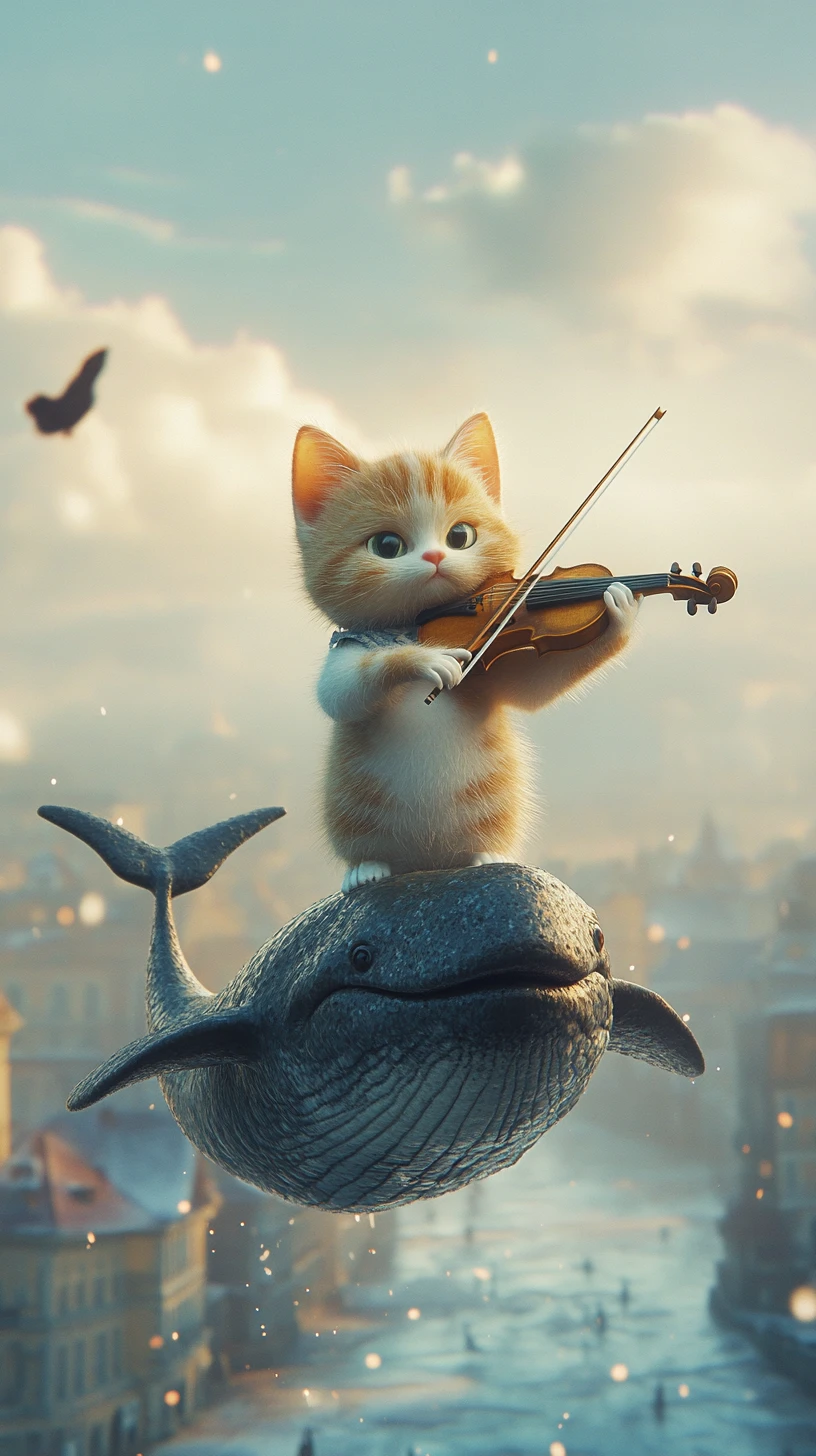 Chat de dessin animé jouant du violon sur une baleine au-dessus d’une ville