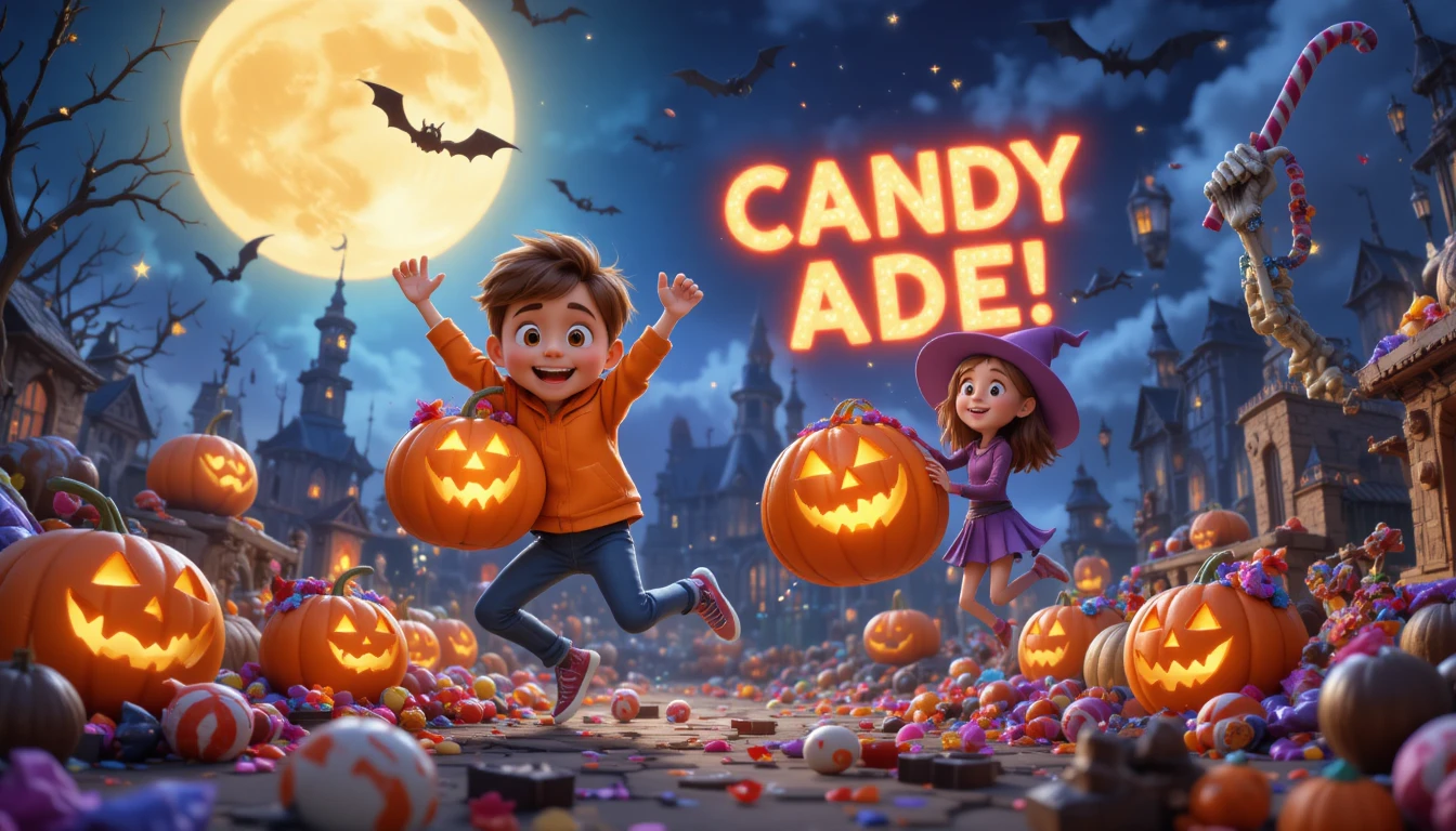 Enfants sautant avec des bonbons dans une nuit d’Halloween lumineuse