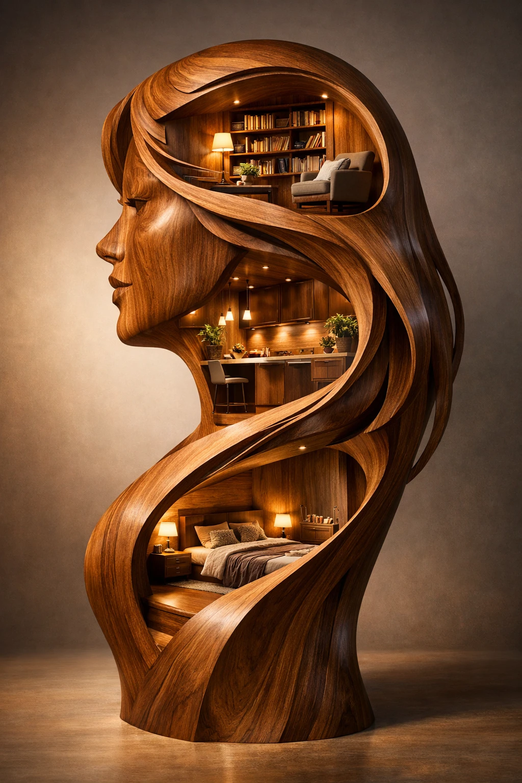 Silhouette Femminile in Legno Riempita da Interni Curvi