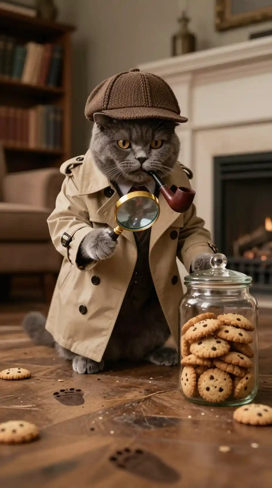 Gato detetive examinando um pote de biscoitos em sala de estar aconchegante