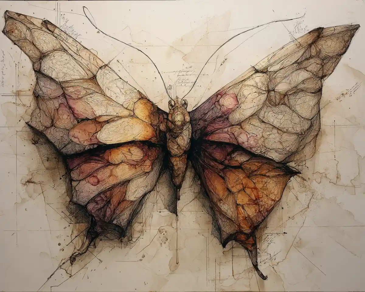 Mariposa abstracta vibrante emergiendo en pintura de técnica mixta