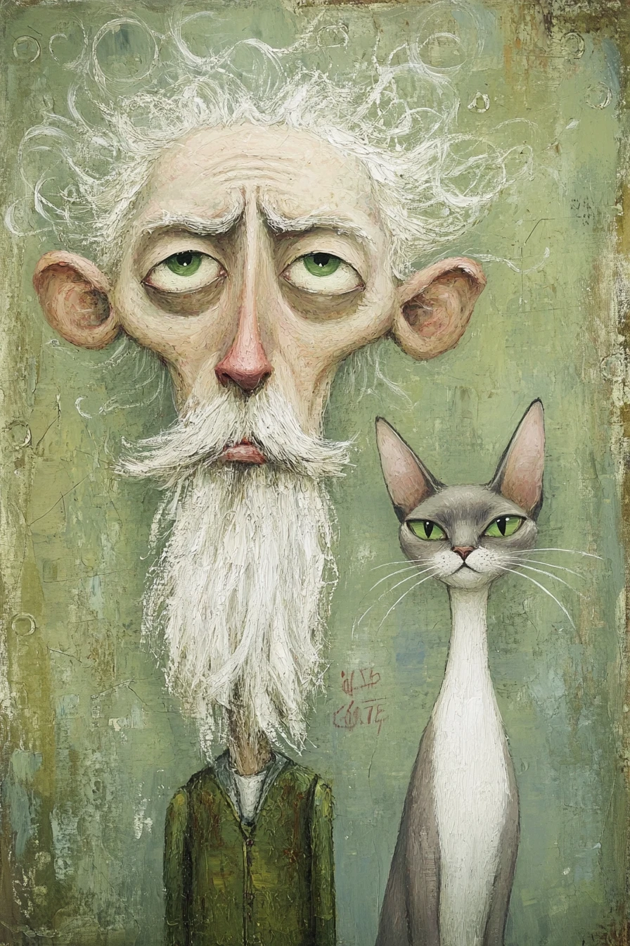 Arte folclórica divertida: senhor idoso com gato em fundo verde