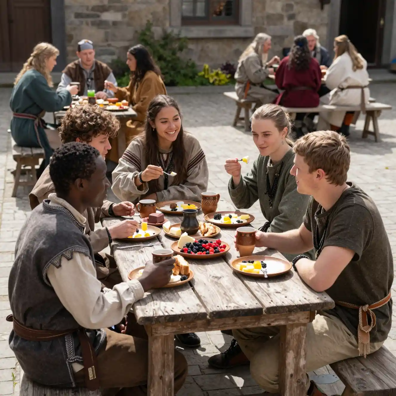 Des amis qui partagent le petit-déjeuner à une table ensoleillée dans une cour fantastique