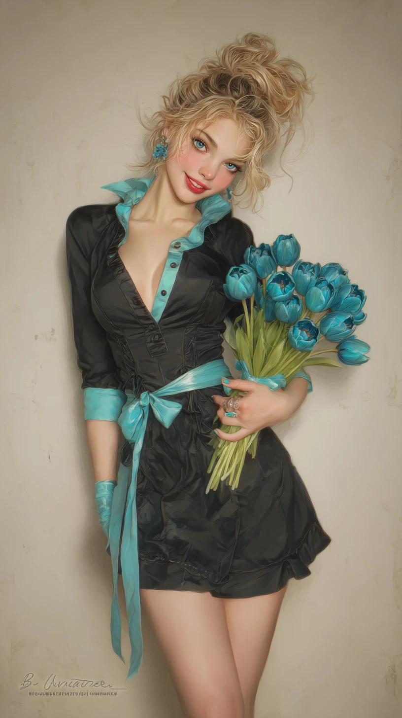 Smiling blonde woman holding blue tulips greeting card