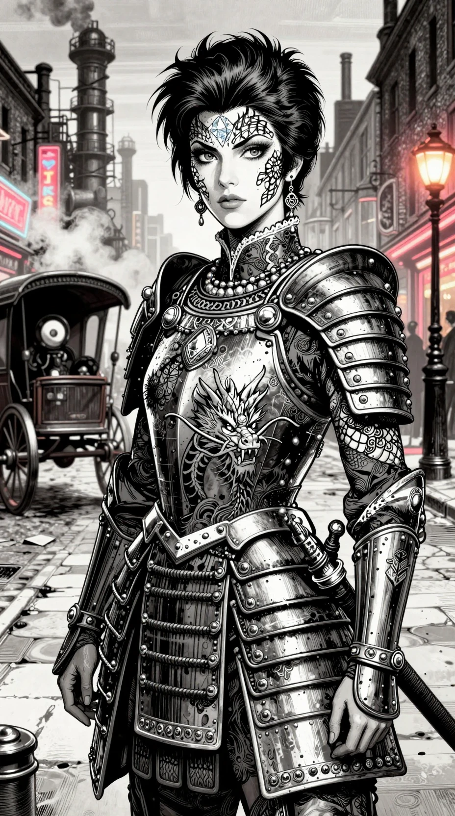 Oriental female warrior in neon lit Victorian London street