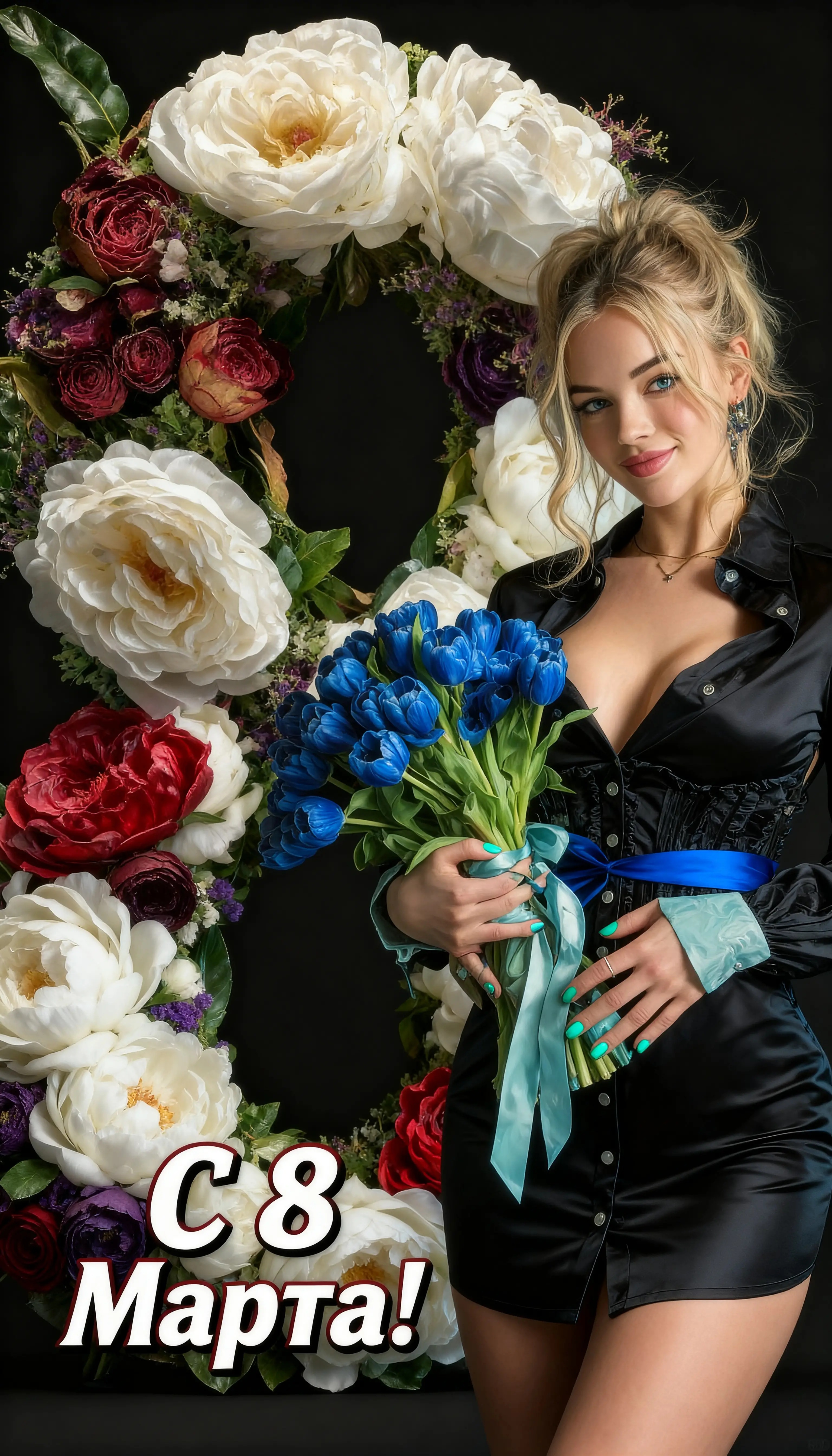 Lächelnde blonde Frau hält Grußkarte mit blauen Tulpen