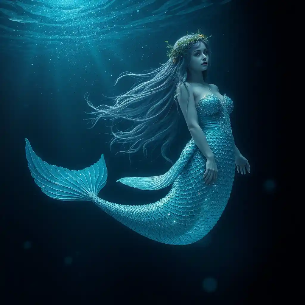 Sereia mística emergindo das profundezas escuras do oceano à noite