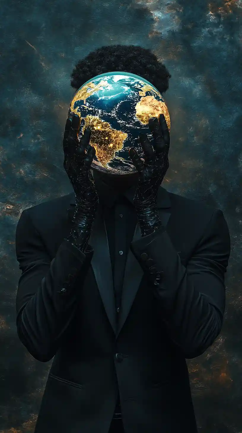 Afrofuturistic man in suit with glowing earth helmet