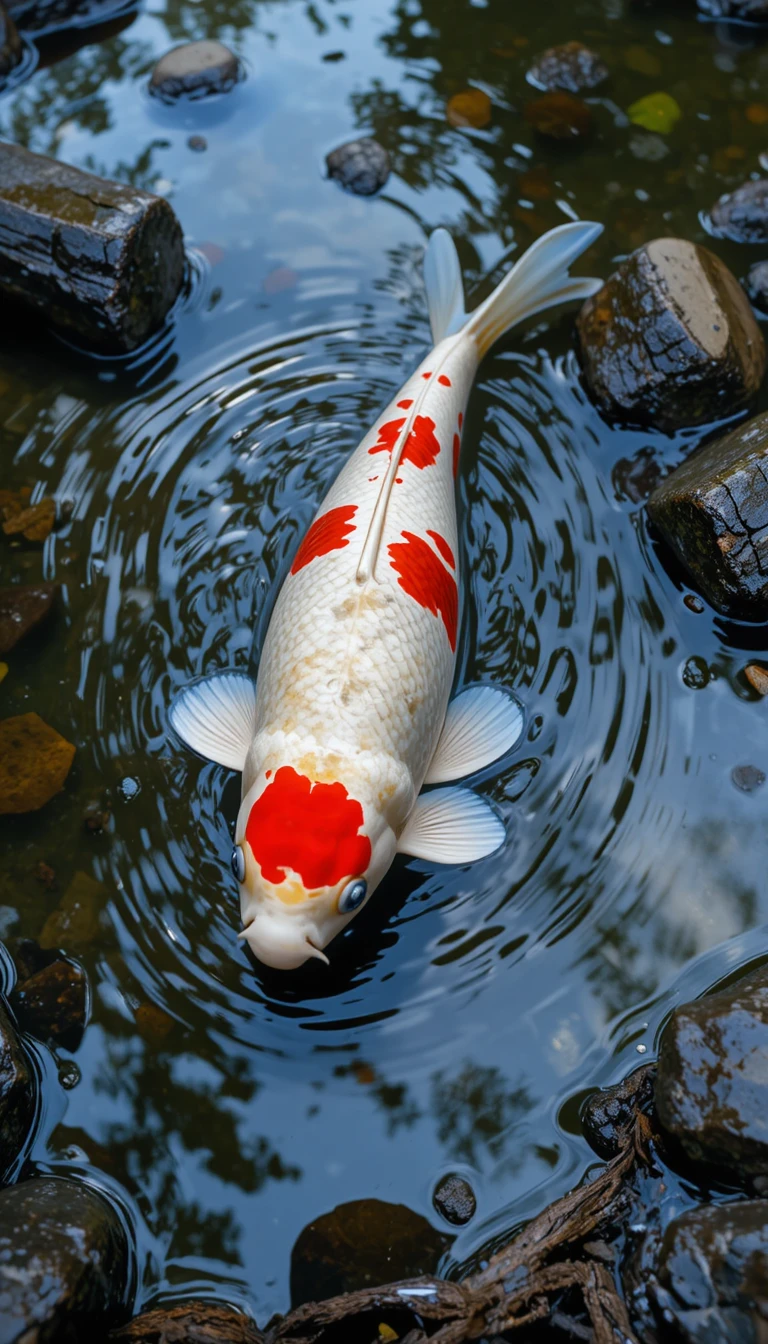 White and red koi fish gliding calmly in a clear pond