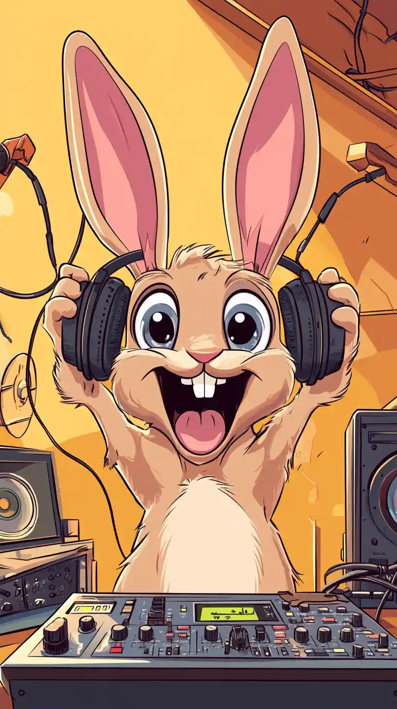 Coniglio cartoon con cuffie in un vivace studio musicale