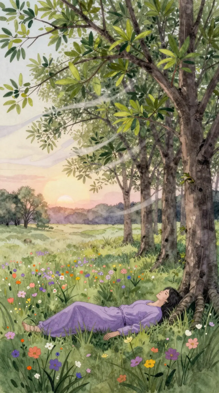 Woman Resting In Wildflower Meadow At Sunrise