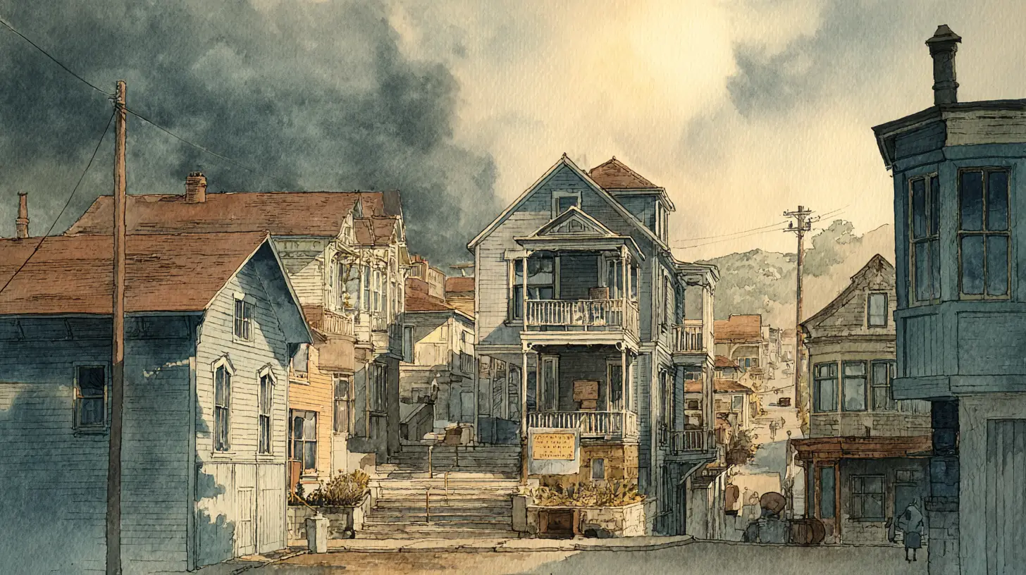 Early San Francisco wharf street with historic buildings in watercolor