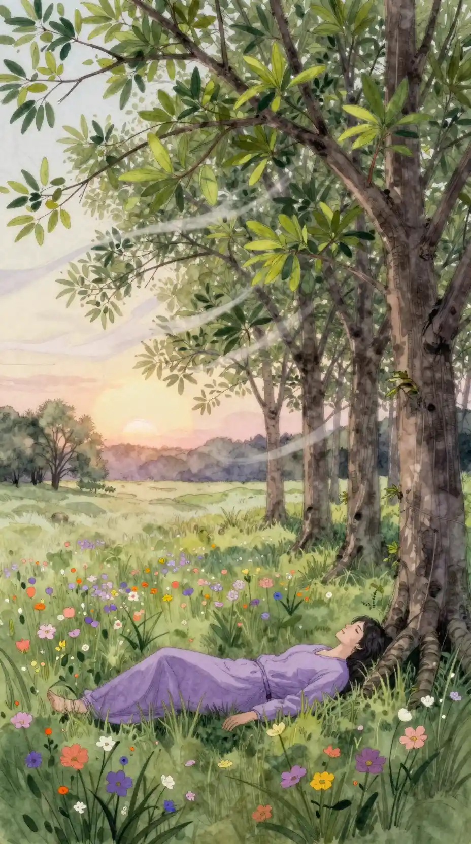 Woman Resting In Wildflower Meadow At Sunrise