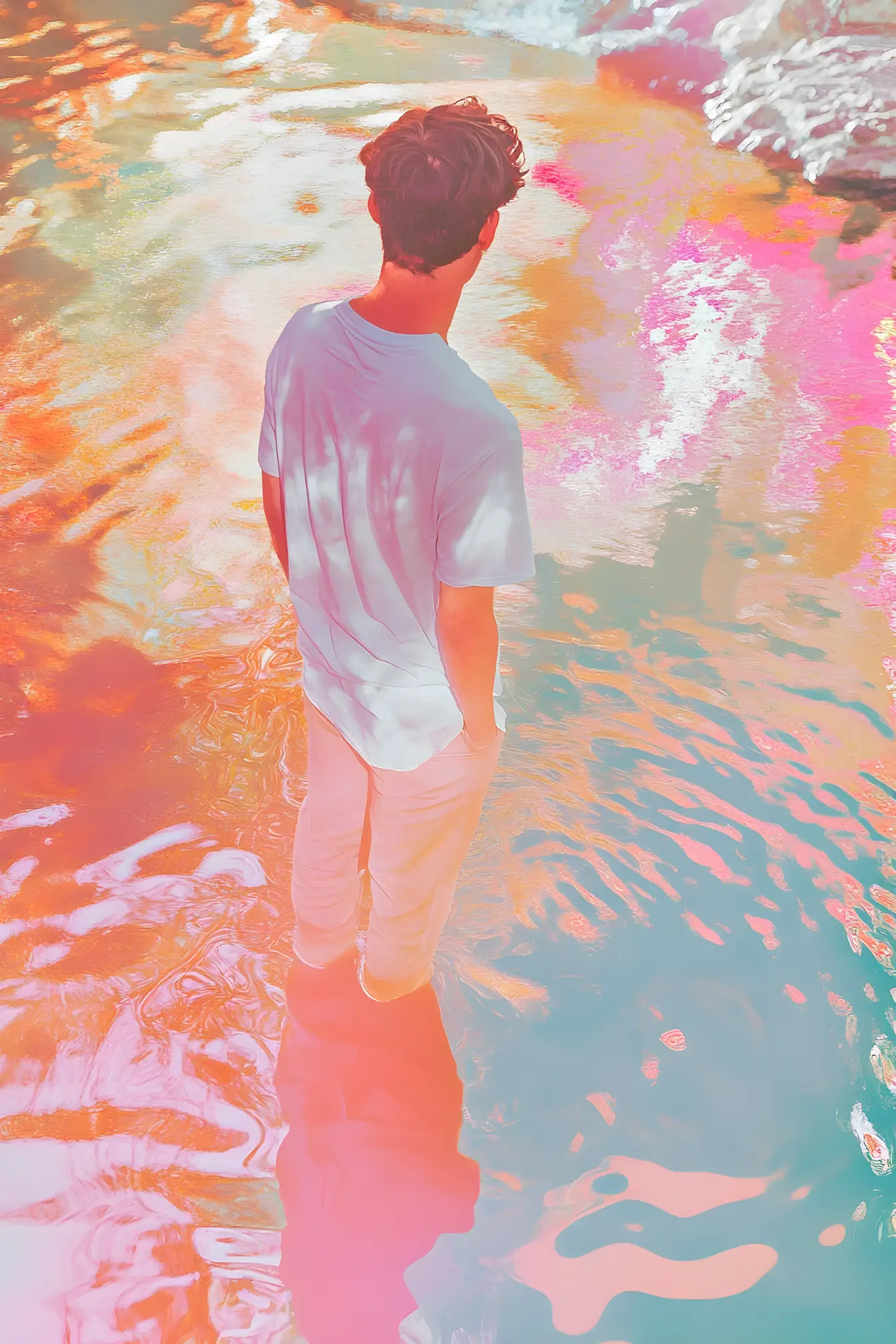 男子凝視明亮河水中的倒影