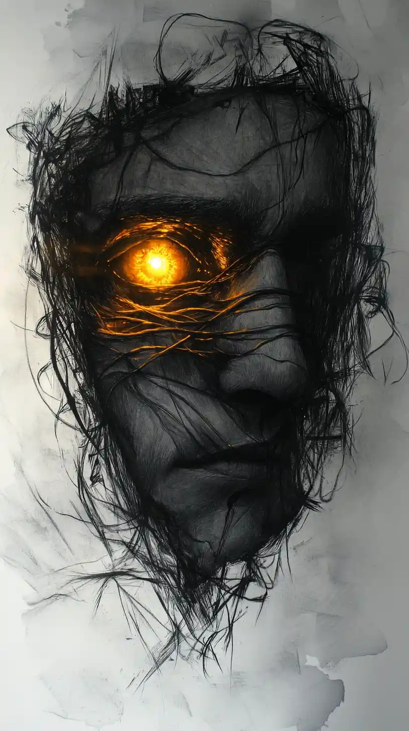 Surreal ribcage silhouette with inner fire and glowing eyes